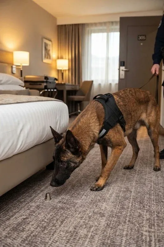 Spürhund bei der Suche im Hotelzimmer