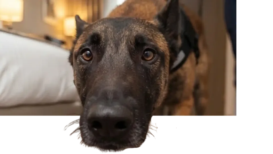 Bettwanzenspürhund im Hotelzimmer mit aufmerksamem Blick